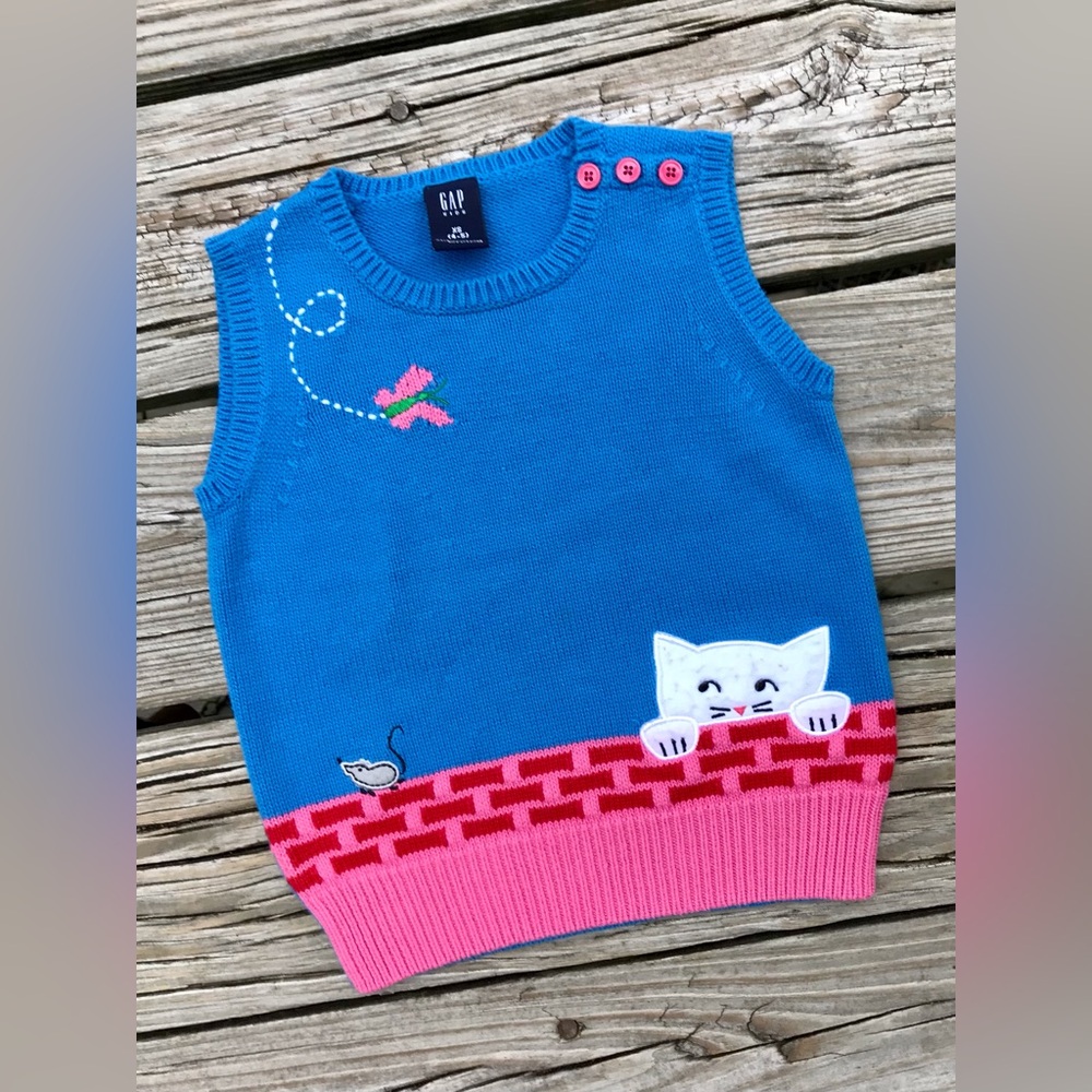 4/5 Girl GAP Brick Wall Cat Intarsia Sleeveless Sweater Vest Cute Girls Top